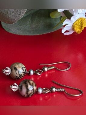 925 Silver Earrings,Black and Cream Marble Bead Drop Earrings with Silver.